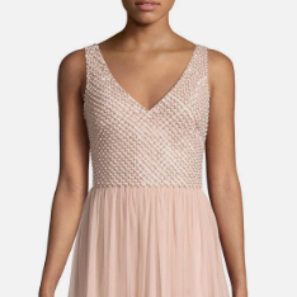 Adrianna Papell Womens Pink Embellished Mesh Beaded Gown V-Neck Dress Size 6P